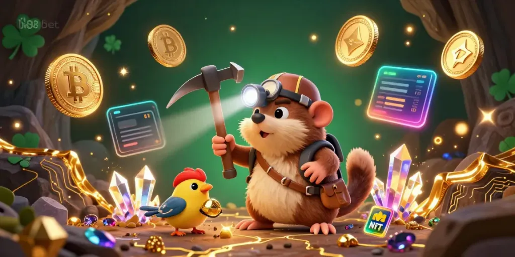 Experience the excitement of wagering with tk88 bet in an immersive casino-themed scene featuring a treasure hunter and crypto elements.