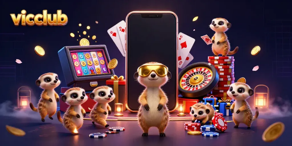 Experience the excitement of vicclub in a vibrant animated casino scene with meerkats and dynamic gaming elements.