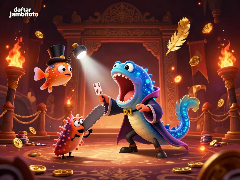 Experience thrilling magic with daftar jambitoto featuring a deep-sea eel performing card tricks in a vibrant casino scene.