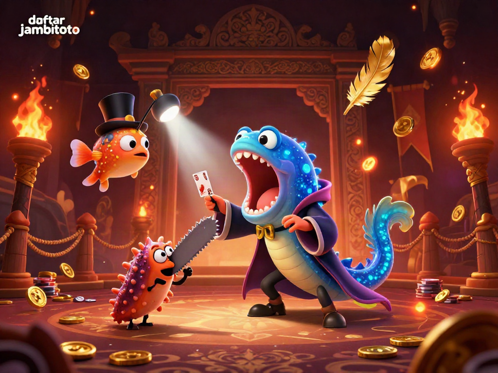 Experience thrilling magic with daftar jambitoto featuring a deep-sea eel performing card tricks in a vibrant casino scene.