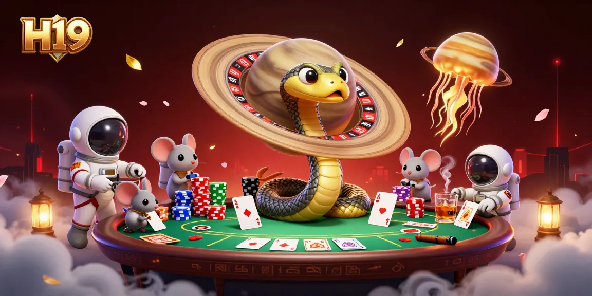 H19 players place bets in a cosmic casino scene with a snake roulette wheel and colorful poker elements.