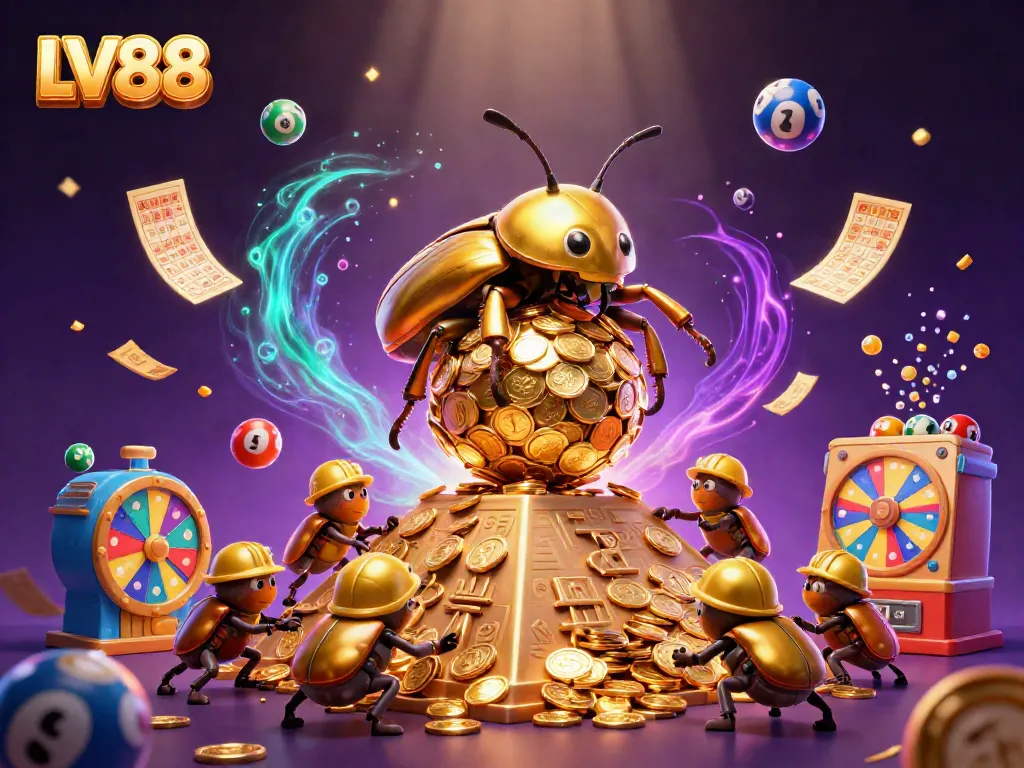Experience LV88's vibrant casino games scene with a cartoon golden beetle and dynamic gambling elements.