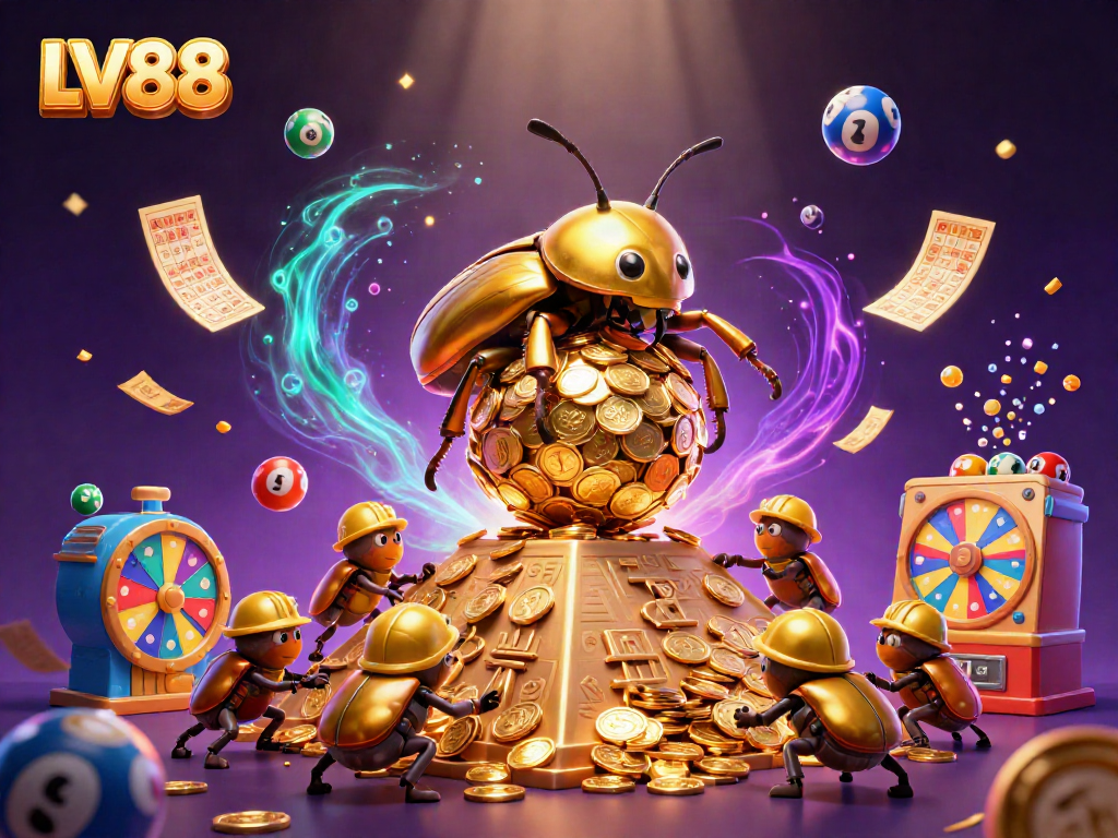 Experience LV88's vibrant casino games scene with a cartoon golden beetle and dynamic gambling elements.