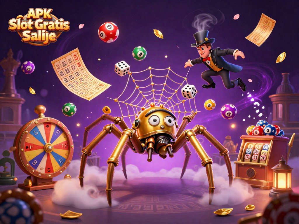 Engage with APK Slot Gratis Saldo in a vibrant, 3D illustrated casino scene filled with dynamic gambling elements.