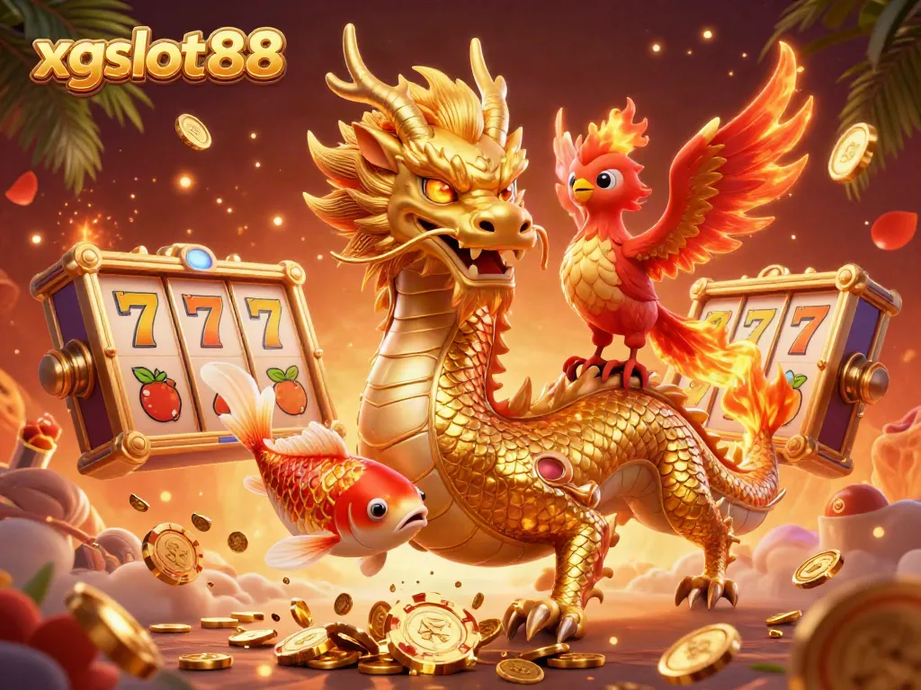 Gambarlah aksi slot xgslot88 dengan naga emas, phoenix, dan ikan koi mengumpulkan koin.