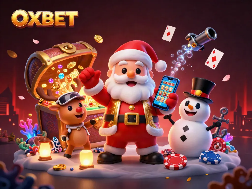 Experience OXBET's thrilling gamble with Santa and friends in a vibrant casino scene.