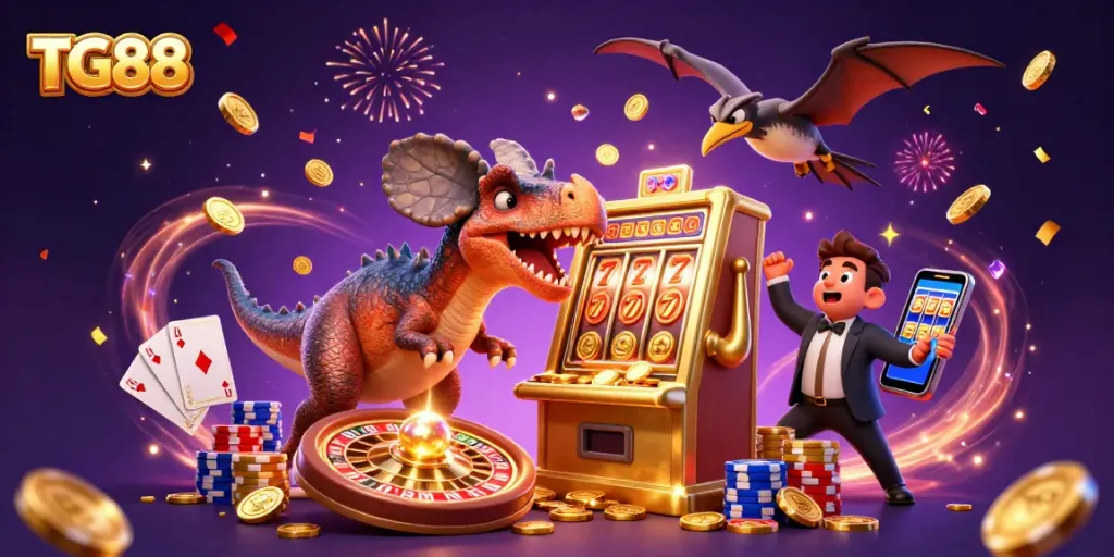 Experience TG88's thrilling jackpot scene with vibrant dinosaurs in a lively casino
