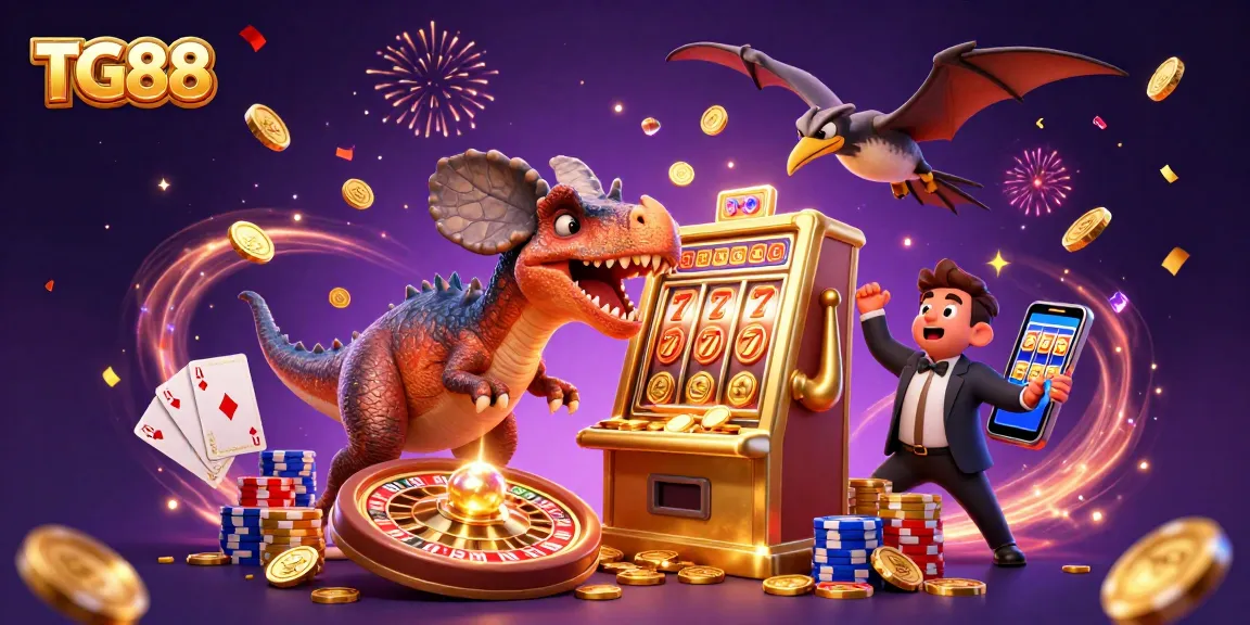 Experience TG88's thrilling jackpot scene with vibrant dinosaurs in a lively casino
