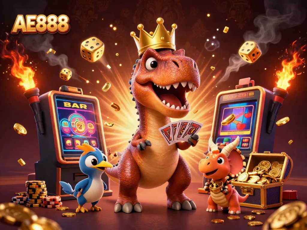 Join the action at AE888 with a fun dinosaur-themed casino illustration featuring card games and jackpots.