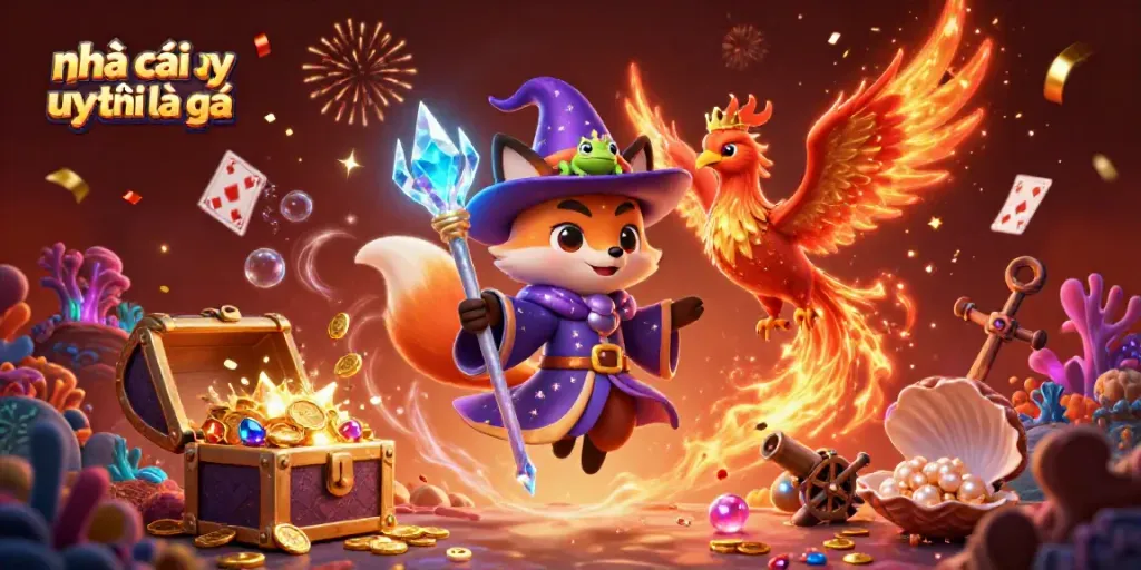 Engaging illustration depicting nhà cái uy tín là gì with a wizard fox, phoenix, and treasure elements.