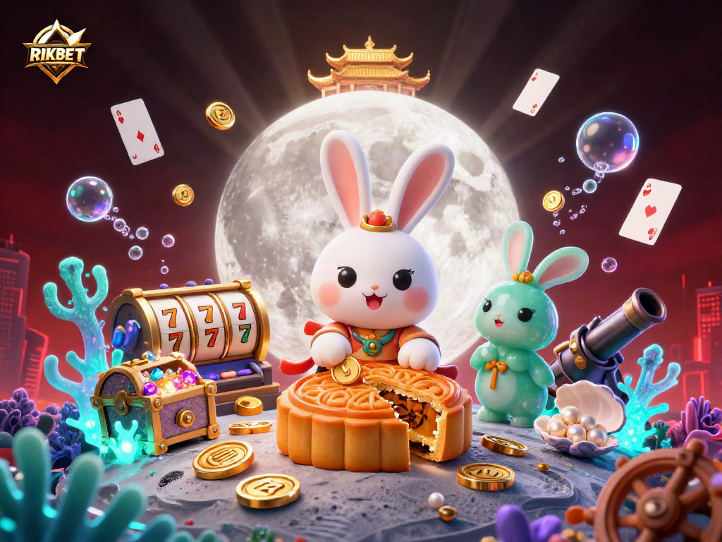 RIKBET showcases a vibrant, hyper-detailed 3D scene with a moon rabbit, poker chips, and slot elements