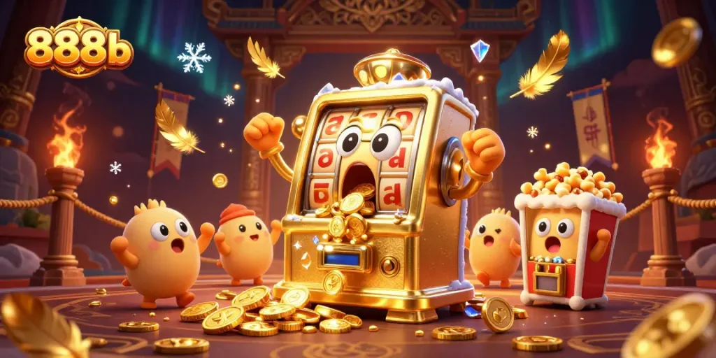 Experience the excitement of 888b with animated golden slots winning jackpots surrounded by cheering companions.