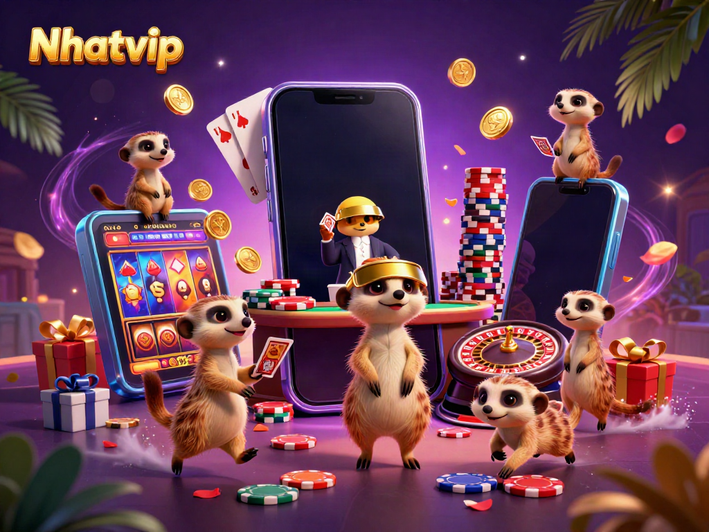 Nhatvip gaming meerkats celebrate as they deal cards and spin slots in a colorful casino scene.