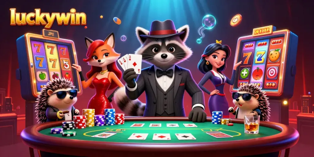 Engage with the luckywin experience featuring dynamic characters and vibrant casino elements in a 3D illustration.