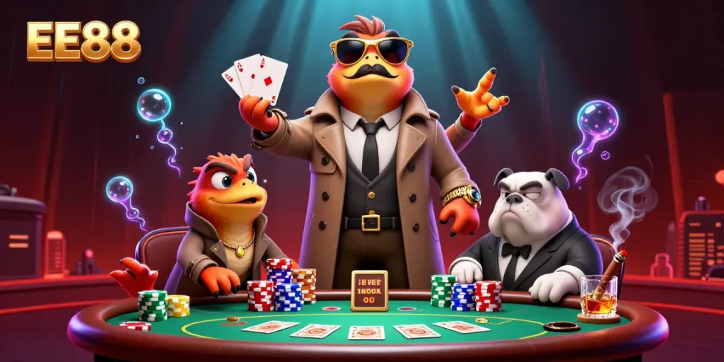 Raptors dressed in a trench coat attempting to enter a VIP casino, themed elements visible, promoting EE88.