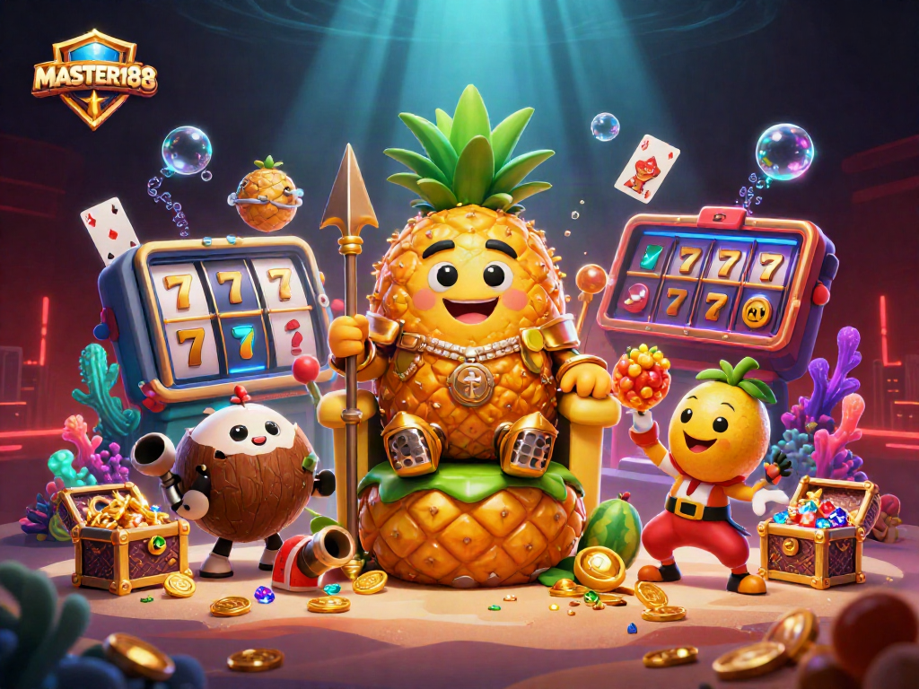 Engage with MASTER188 in a vibrant beach casino scene featuring a pineapple king and dynamic slot reels.