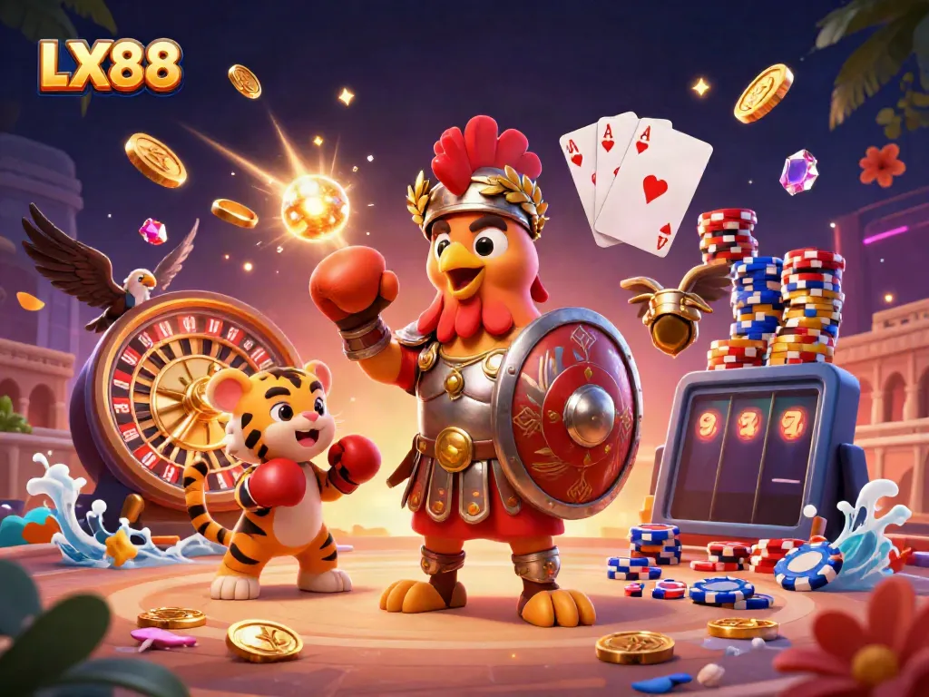 Experience thrilling games at LX88 with a lively scene of a gladiator rooster, tiger cub, and eagle in a vibrant casino setting.
