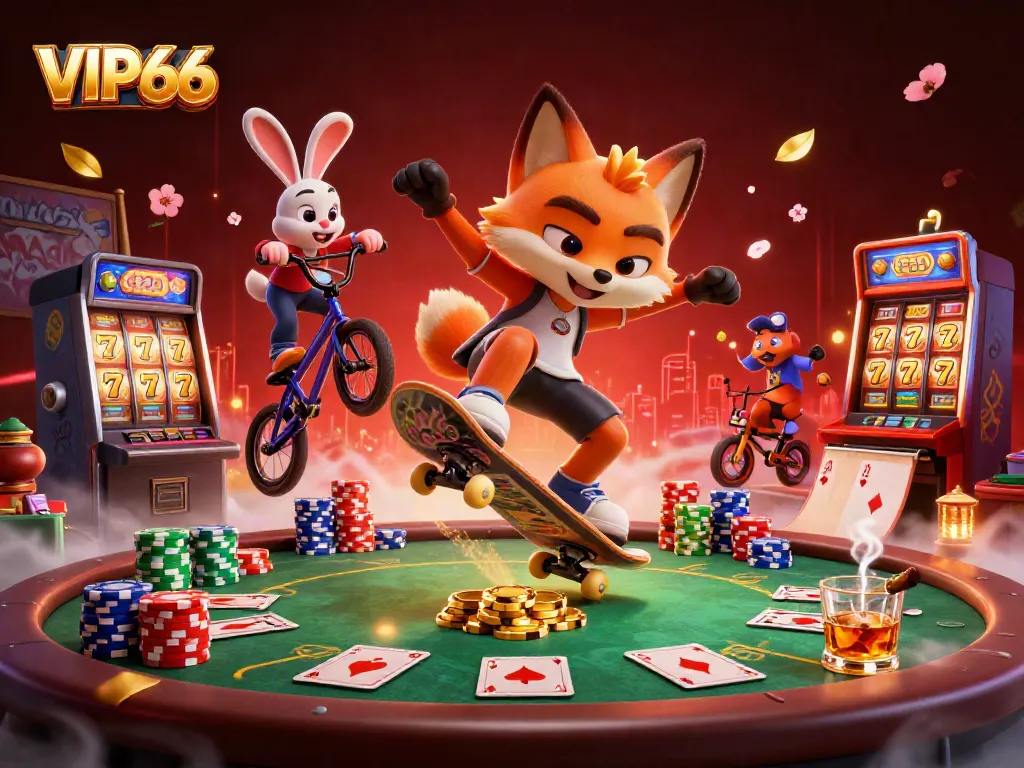 Experience dynamic actions at VIP66 casino with a fox and rabbit amidst vibrant gaming elements.