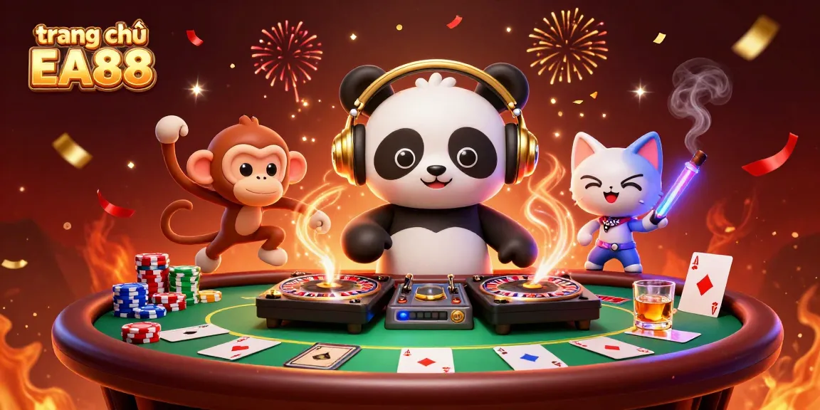Engage with trang chủ EA88 featuring a vibrant 3D illustration of a DJ panda, breakdancing monkey, and glowing kitten.