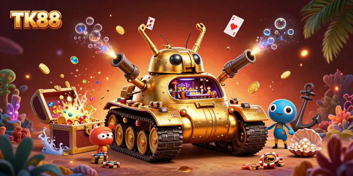 Experience the excitement of gambling with TK88's immersive casino scene featuring vibrant characters and elements.