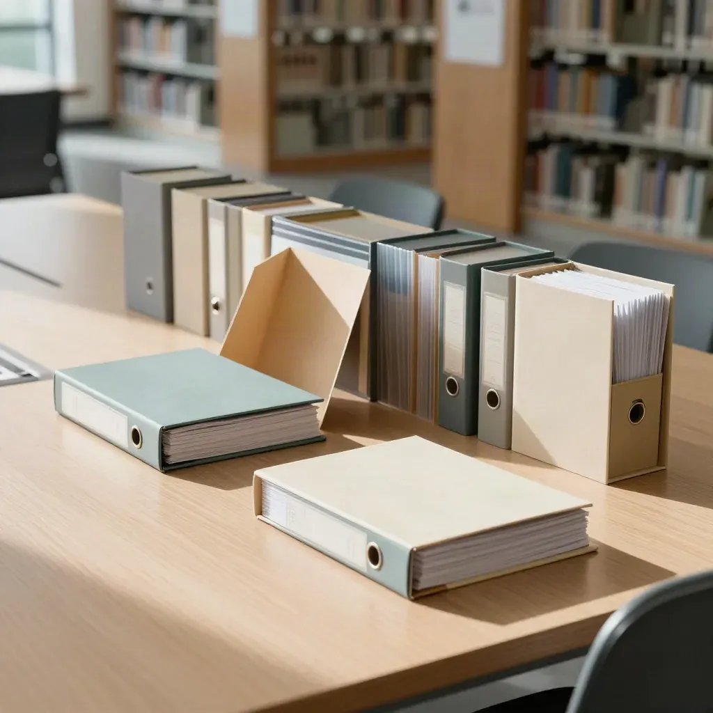 Trzy zestawy nauki i zamknięte pudełka w bibliotece, ujęcie z góry ukośnie.