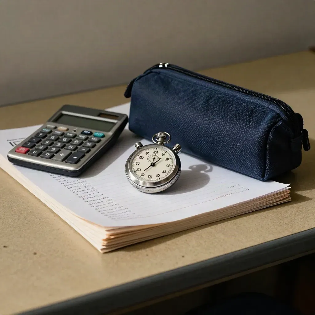 Zestaw do próbnych egzaminów: kalkulator, etui, kartki odpowiedzi i stoper w dramatycznym świetle.