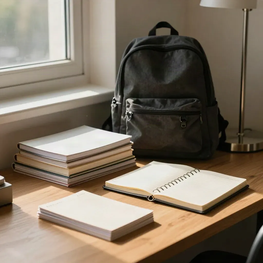 Zorganizowane biurko studenckie przy oknie: notesy, plecak, planner i karty planu.