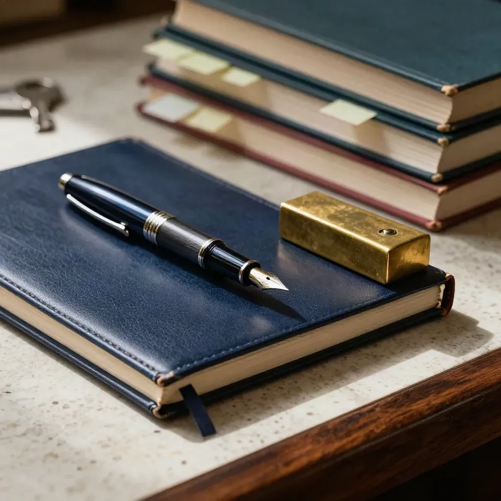 Niebieski notes, pióro wieczne, mosiężny przycisk do papieru i książki pedagogiczne z zakładkami.