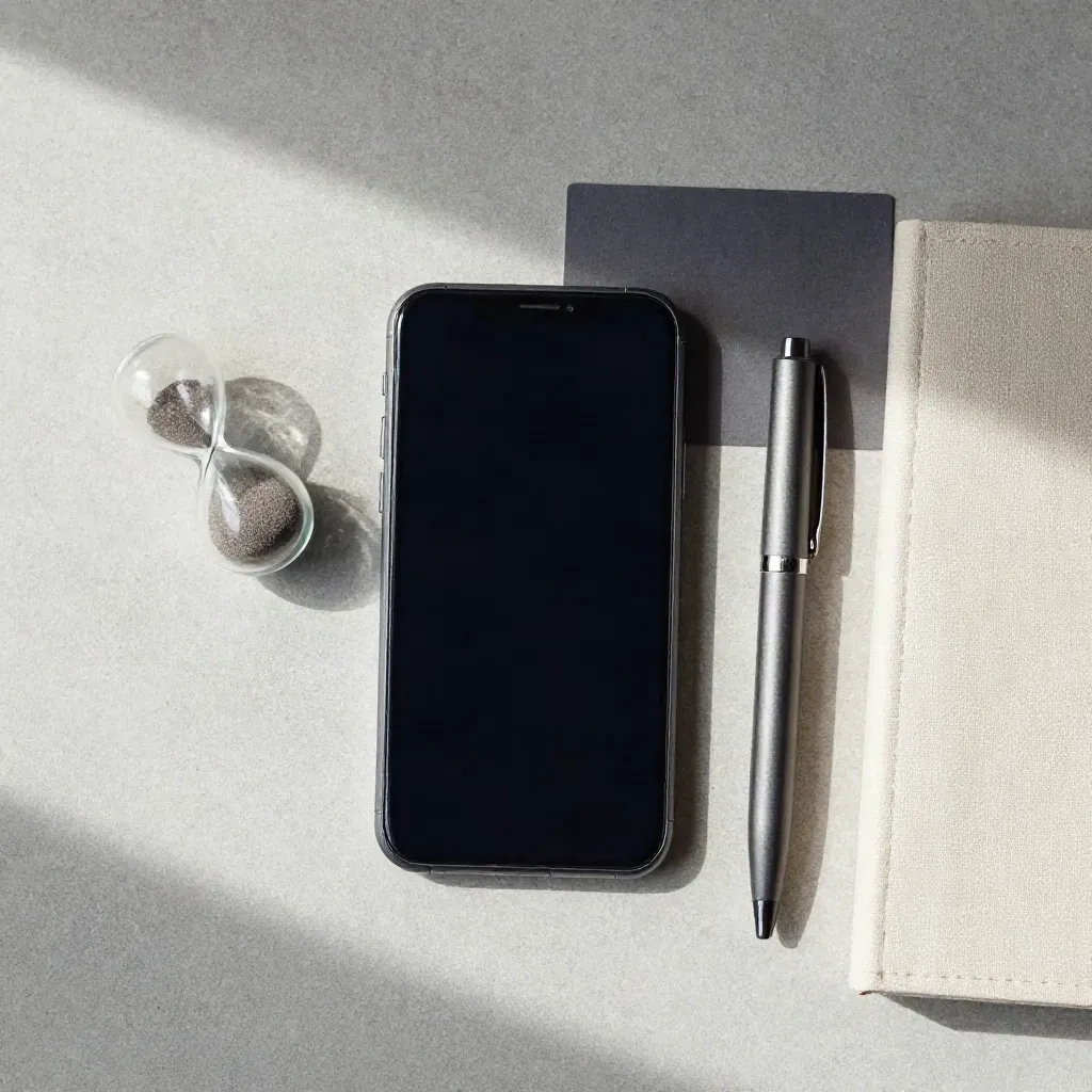 Smartfon, klepsydra i zamknięty notes na jasnym betonie, widok z góry