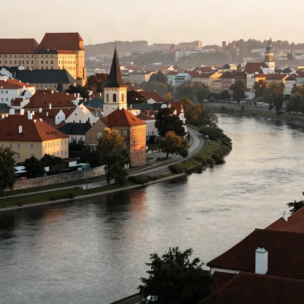 Wawel nad Wisłą w złotej mgle, z dachami Krakowa i pustą przestrzenią na tekst
