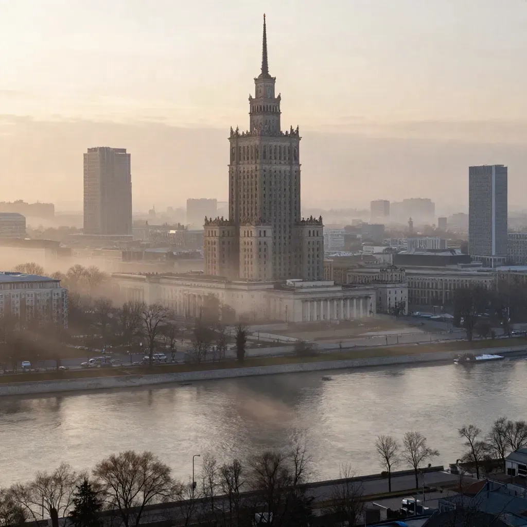 Warszawska panorama nad mgłą Wisły, Pałac Kultury wysoko, pusty dolny kadr dla tekstu