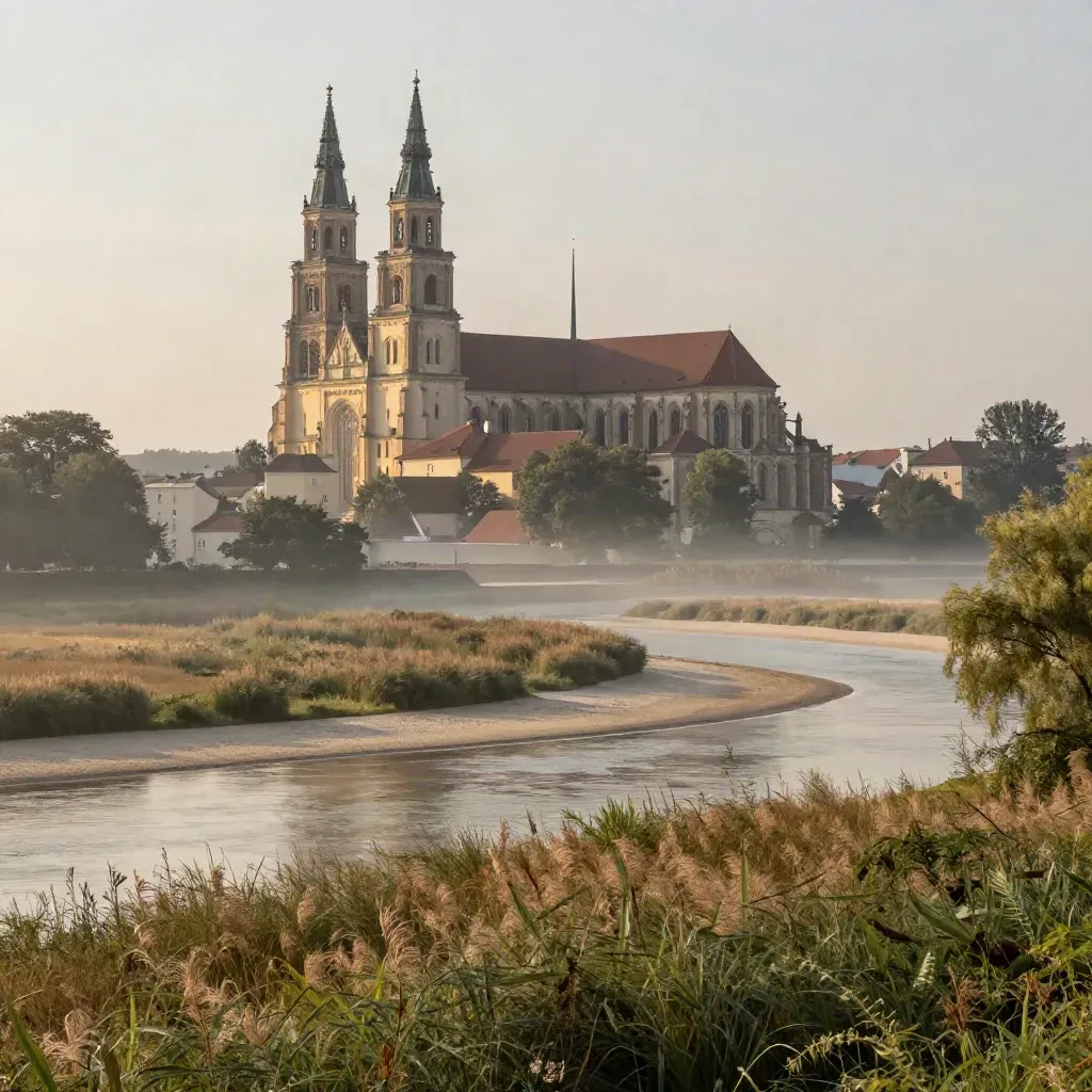 Widok katedry poznańskiej nad mglistą doliną Warty o poranku