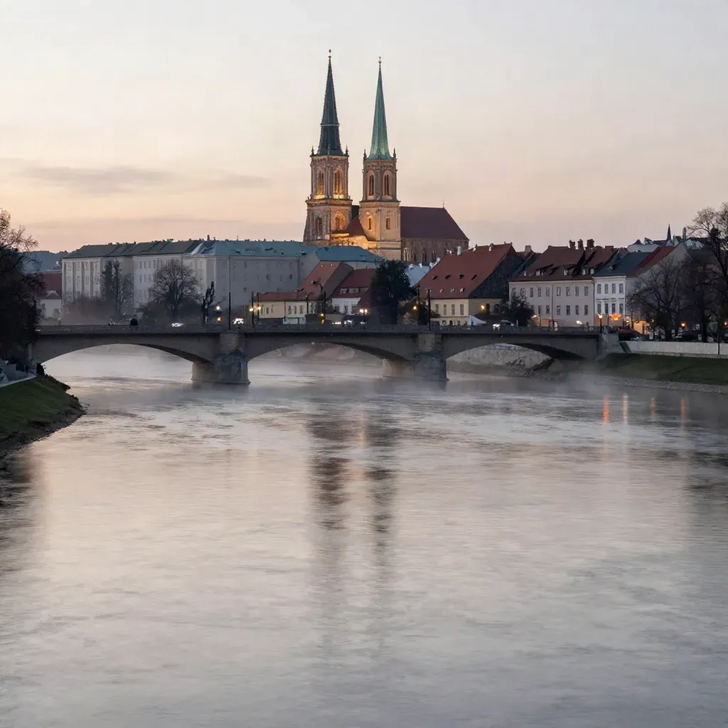Wrocławskie mosty i wieże nad Odrą o zmierzchu, we mgle i spokojnej tafli rzeki.