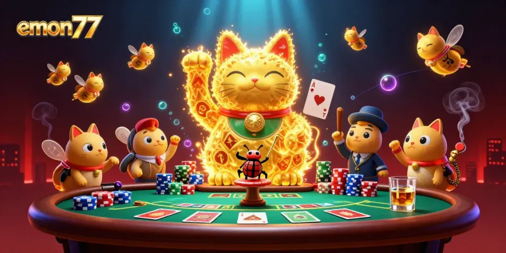 Experience winning moments with emon77's vibrant, animated lucky cat charm surrounded by poker elements.