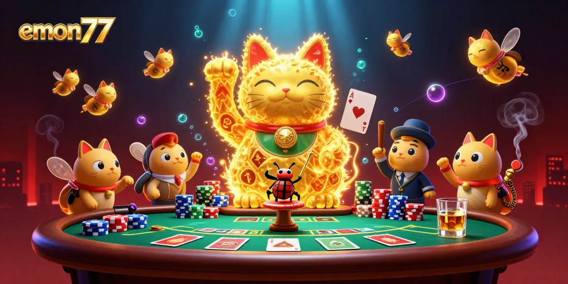 Experience winning moments with emon77's vibrant, animated lucky cat charm surrounded by poker elements.