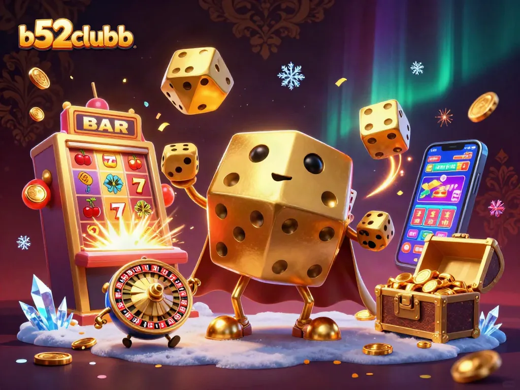 Engage players at b52clubb with a vibrant casino scene featuring golden dice and slot machines.