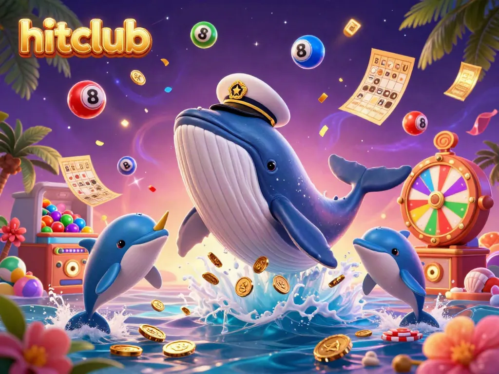 Hitclub showcases an energetic whale and marine friends in a vibrant casino scene filled with coins and lottery elements.