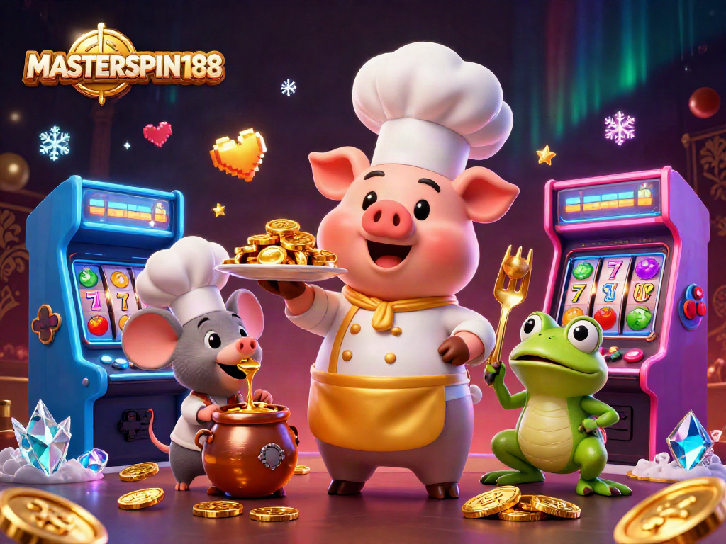 Win big at MASTERSPIN188 with this vibrant illustration showcasing gaming excitement and rich prizes.
