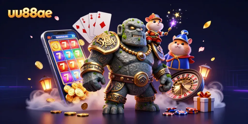 Play slots dynamically at uu88ae with characters from a magical casino adventure, complete with vibrant game elements.