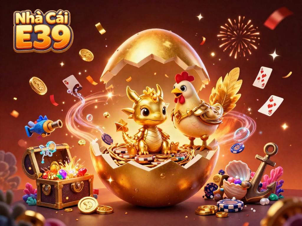 Experience thrilling moments at Nhà Cái E39 with a golden dragon and poker chips.