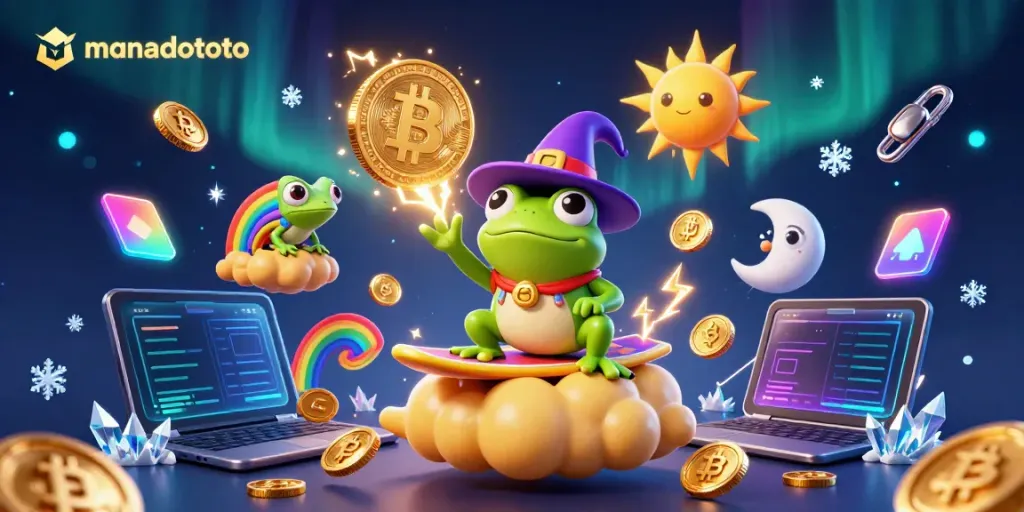 Experience the excitement of manadototo with a whimsical 3D illustration featuring colorful characters, coins, and crypto elements.