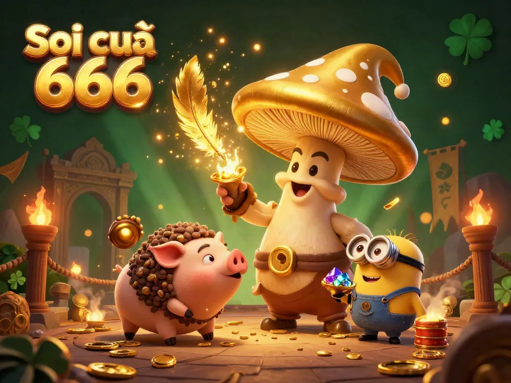 Soi cầu 666 captures a vibrant scene of chance, featuring a magical mushroom wizard, a treasure-seeking pig, and gem-carrying minions in a captivating lottery atmosphere.