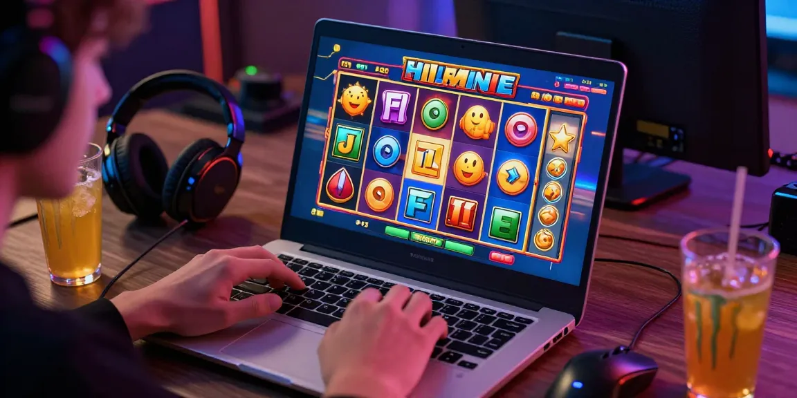Pemain sedang bermain slot dengan antarmuka permainan berwarna-warni di laptop pada suasana gaming yang menarik