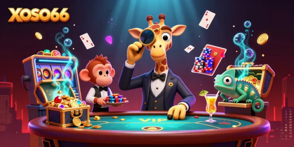 Join the fun at XOSO66 with a vibrant casino scene featuring engaging characters and dynamic gaming elements.