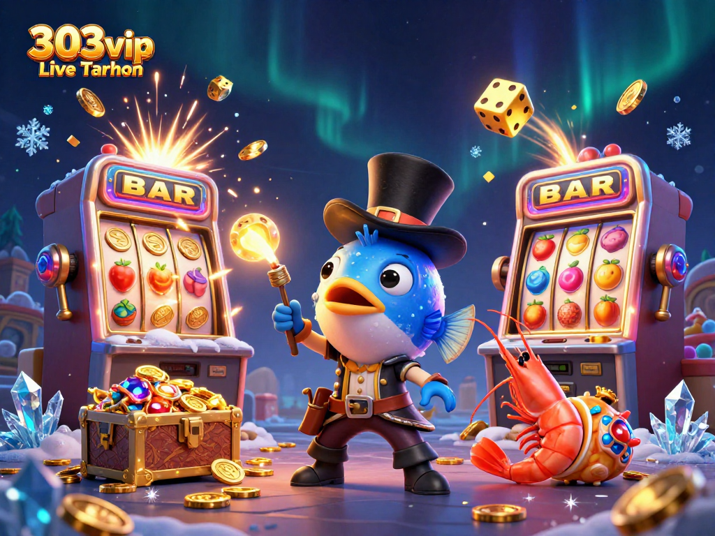 Engage with 303vip Live Taruhan as the anglerfish attracts coins in this vibrant casino illustration.