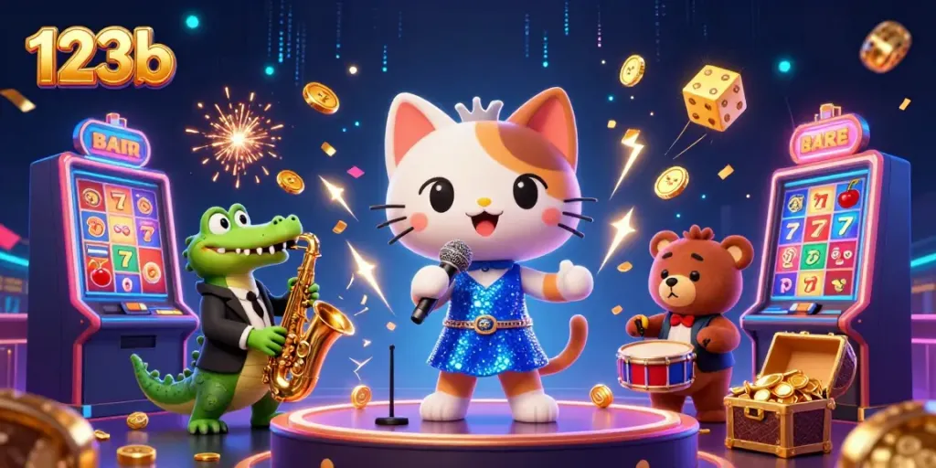 Experience the excitement of 123b with a vibrant casino scene filled with lively characters performing and winning.