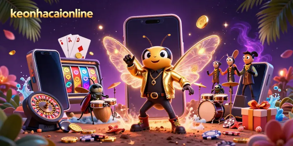 Experience the thrill of keonhacaionline with a cartoon scene featuring a rock star cicada and vibrant casino elements.