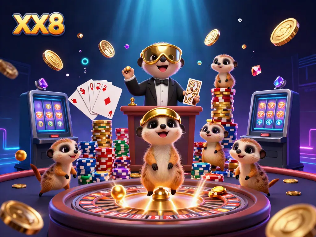 Cute meerkats illustrating a vibrant casino with cascading coins and a roulette wheel, themed around XX8.