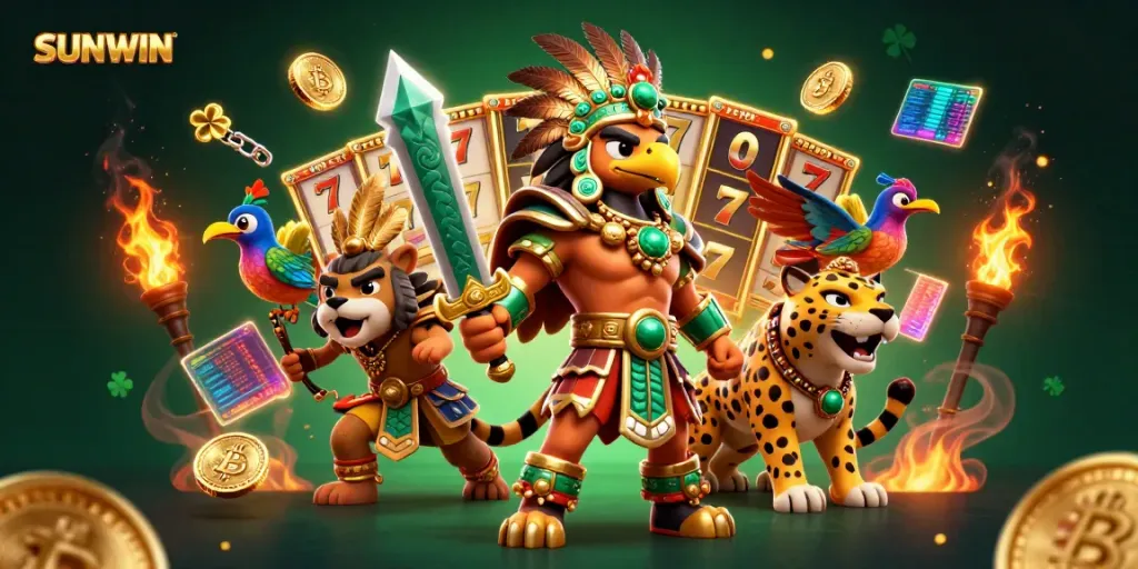Spin the reels for big wins at SUNWIN with this festive Aztec-themed casino illustration.