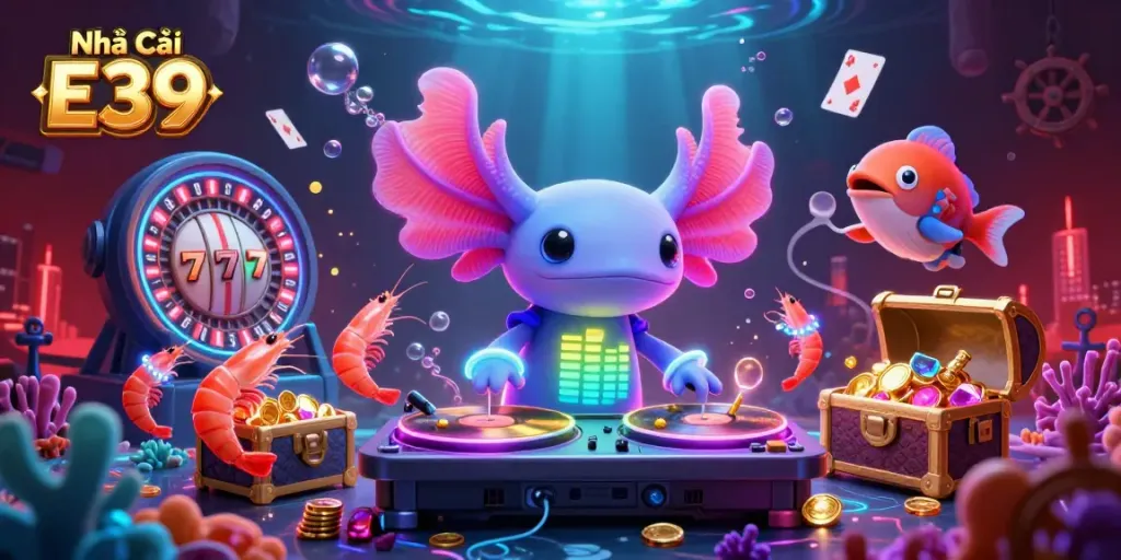 Engage with action-packed Casino experience at Nhà Cái E39, featuring vibrant 3D characters and lively gambling elements.